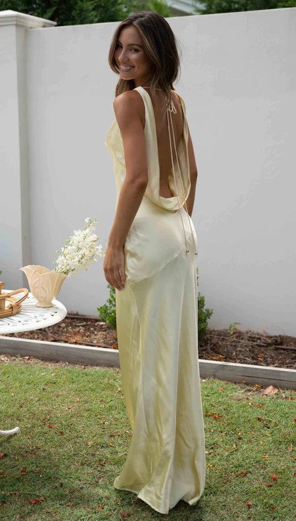 Lemon Backless Halter Maxi Dress