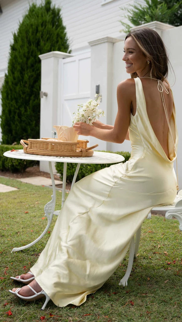 Lemon Backless Halter Maxi Dress