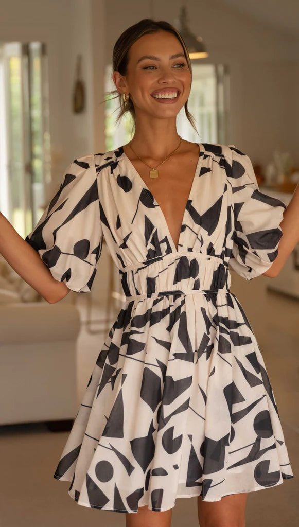 Black White Silhouette Print Mini Dress