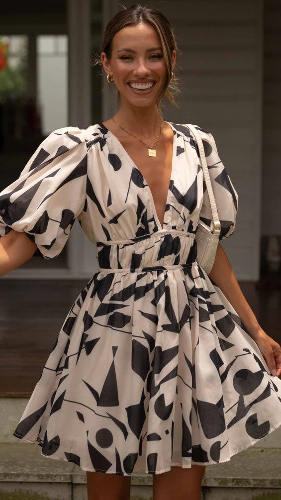 Black White Silhouette Print Mini Dress