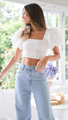 White Puff Sleeves Smocked Crop Top