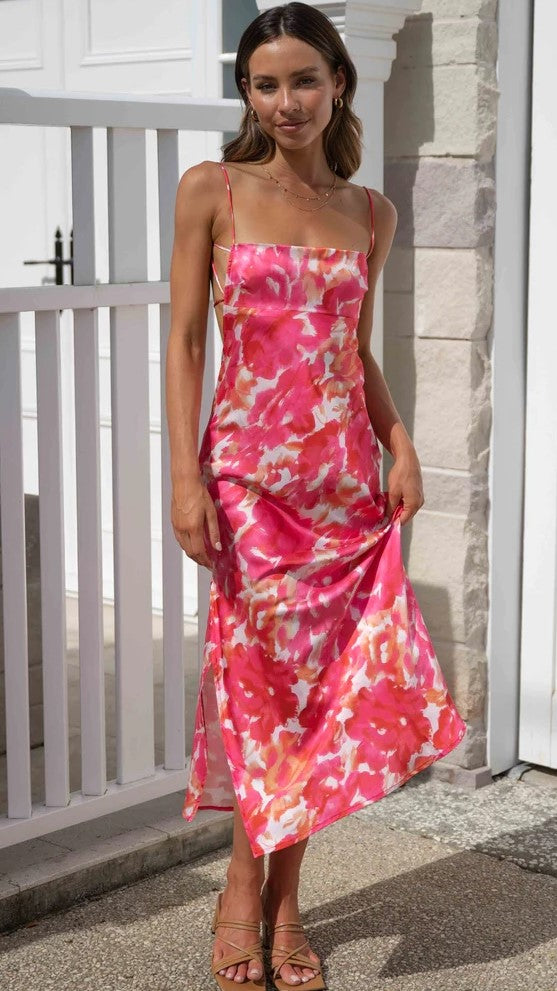 Fuchsia Floral Satin Midi Dress