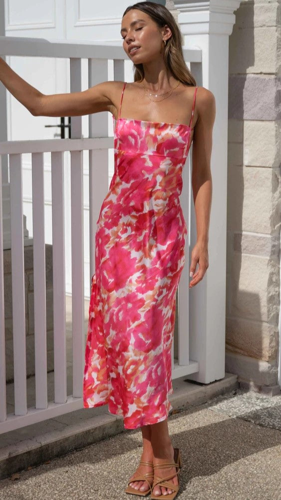Raspberry Floral Slip Satin Midi Dress