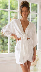 White Waist-Tie Mini Dress