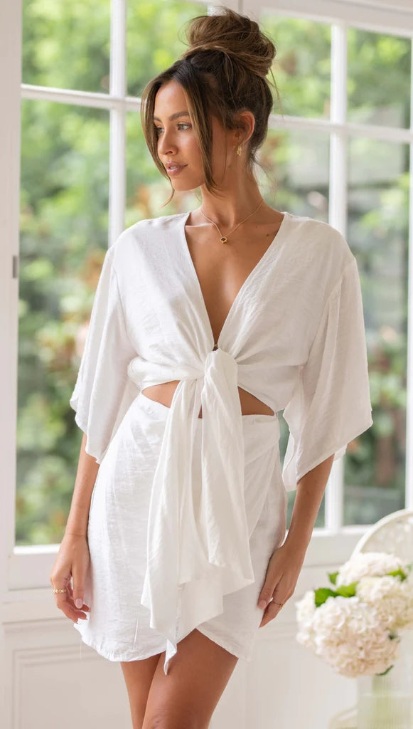 White Waist-Tie Mini Dress