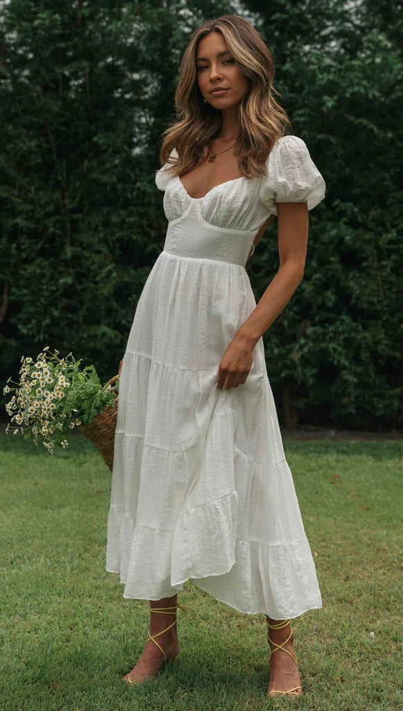 White Sweetheart Neckline Midi Dress
