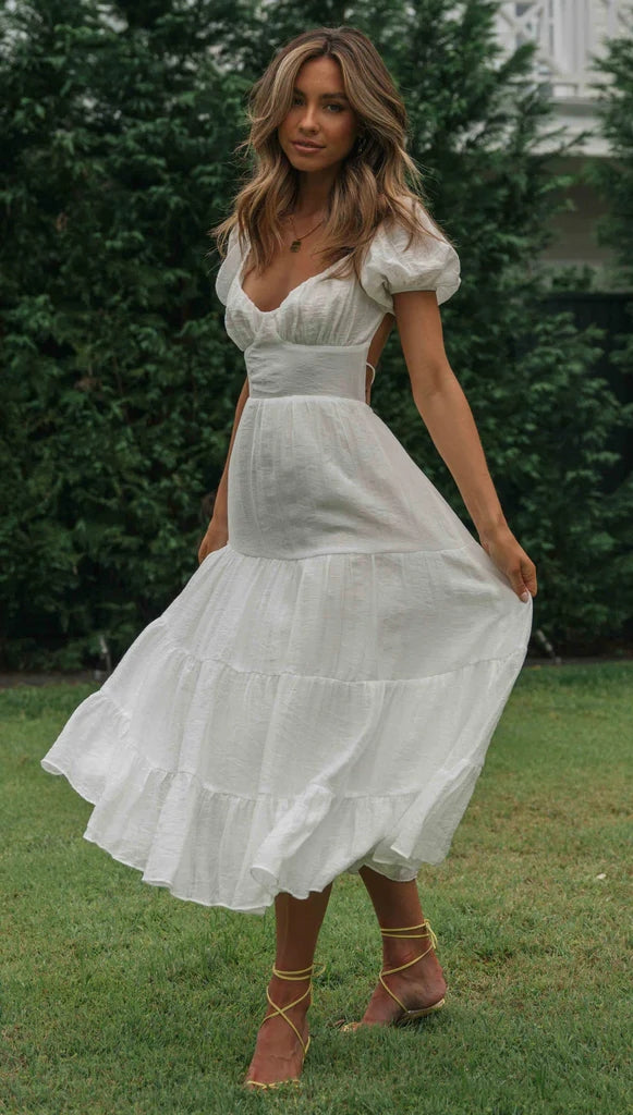 White Sweetheart Neckline Midi Dress