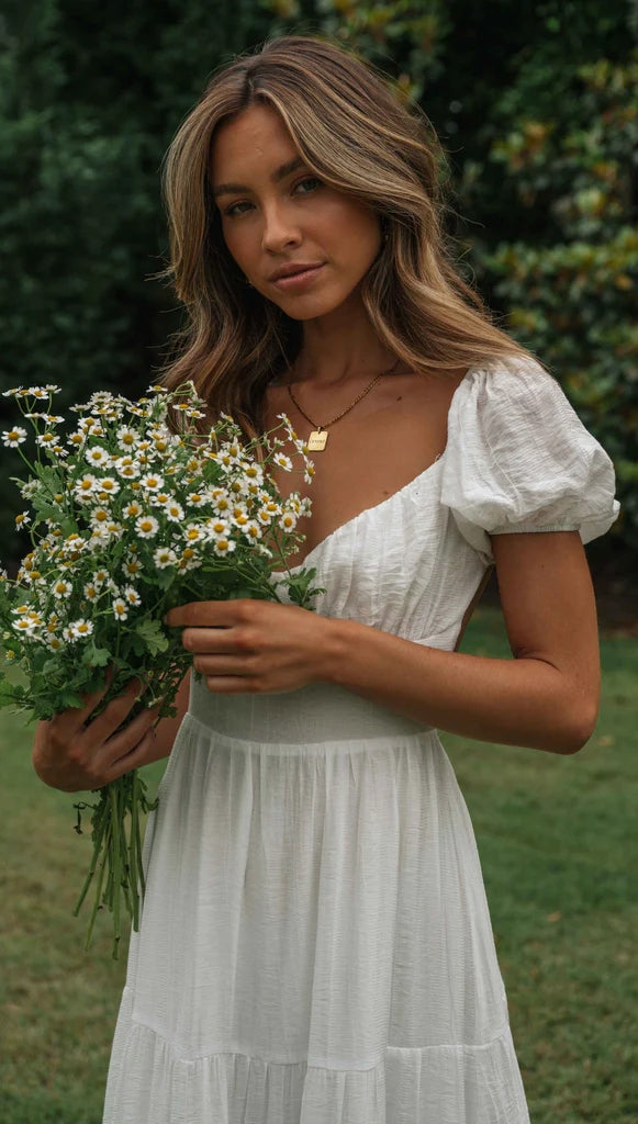 White Sweetheart Neckline Midi Dress