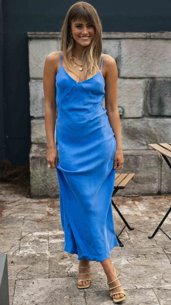 Royal Blue Satin Slip Midi Dress