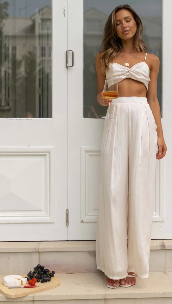Beige Wide-Leg Pleated Casual Pants