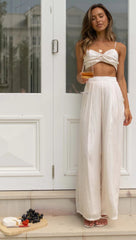 Beige Wide-Leg Pleated Casual Pants