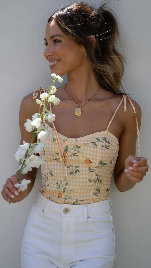 Yellow Floral Shoulder Tie Crop Top