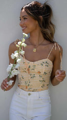 Yellow Floral Shoulder Tie Crop Top