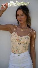 Yellow Floral Shoulder Tie Crop Top