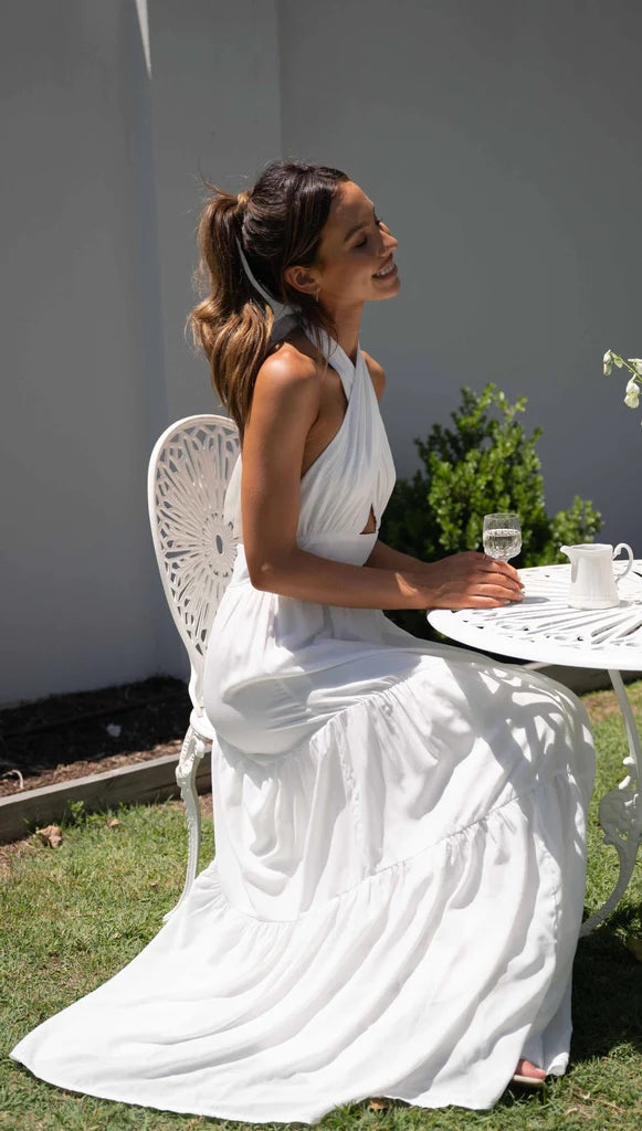 White Crossover Halter Maxi Dress