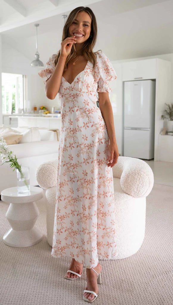 Coral Floral Print Maxi Dress