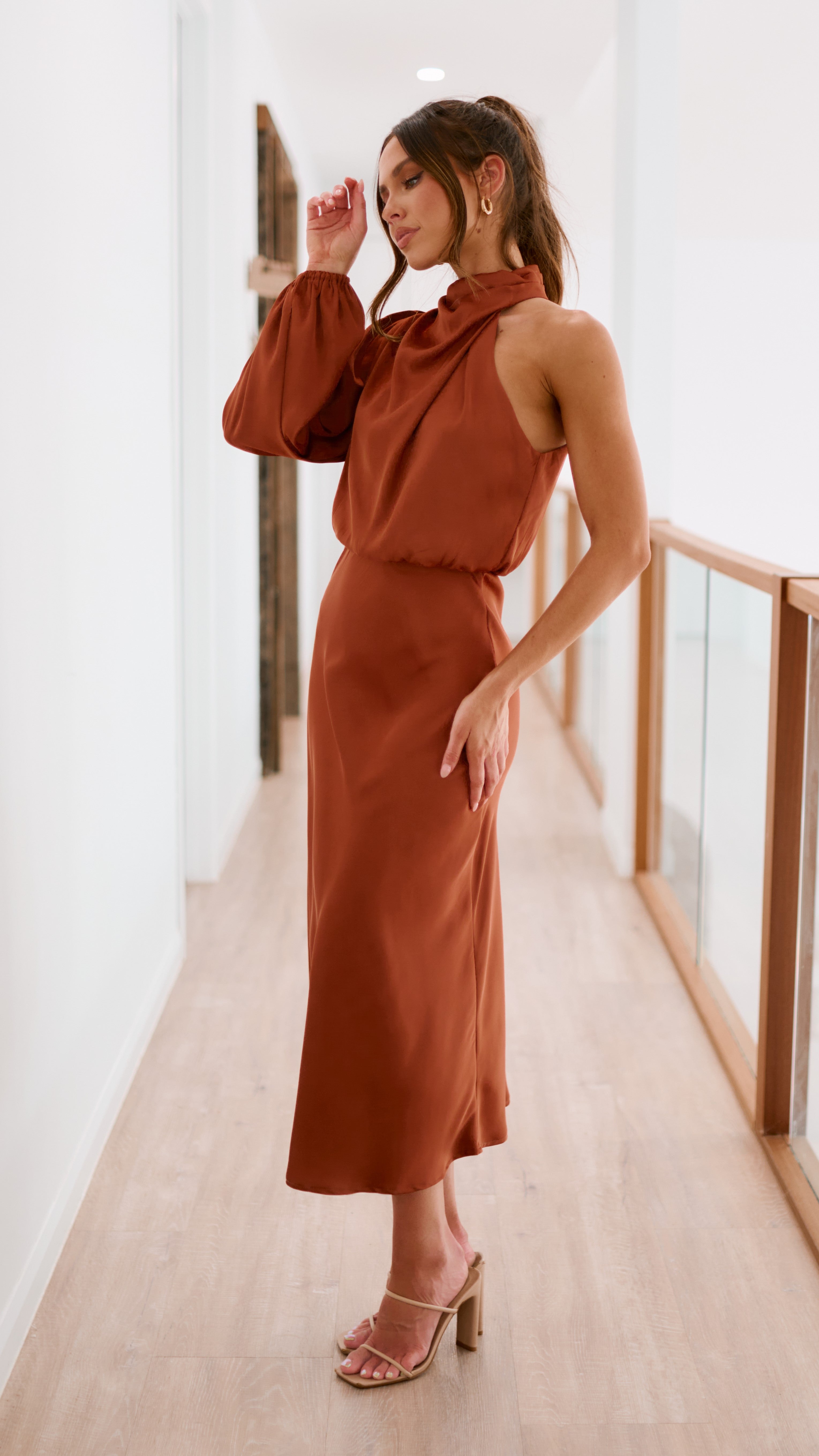 Esther One Shoulder Long Sleeve Dress - Copper