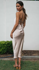 Beige Bandeau Satin Midi Dress
