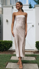 Beige Bandeau Satin Midi Dress