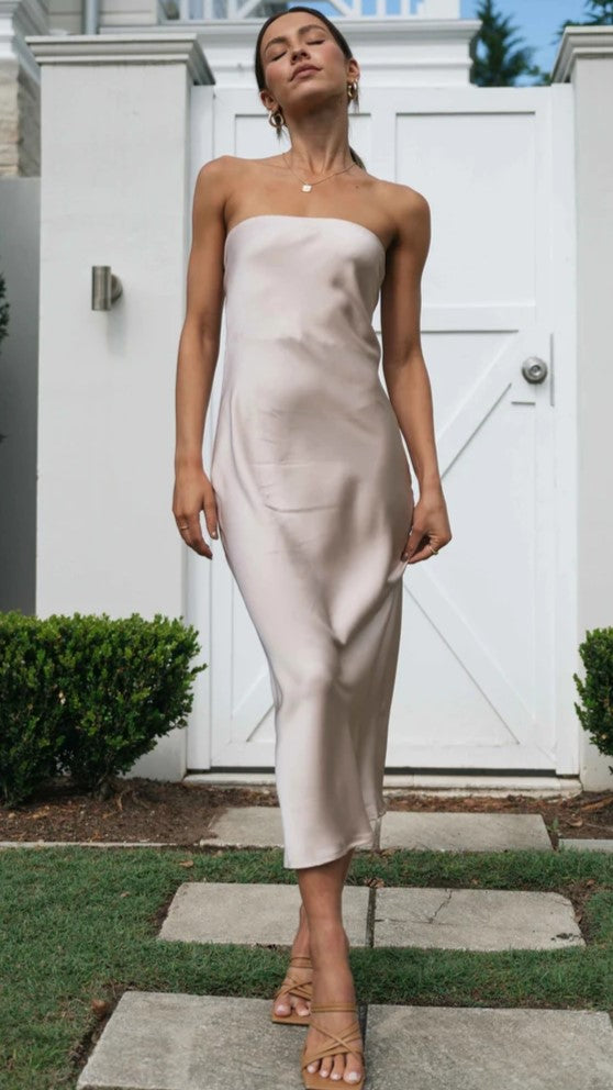 Beige Bandeau Satin Midi Dress