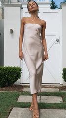 Beige Bandeau Satin Midi Dress