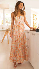 Orangefarbenes Neckholder-Maxikleid mit Blumenmuster