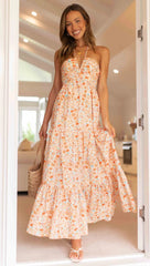 Orangefarbenes Neckholder-Maxikleid mit Blumenmuster