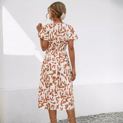 Orange Floral Surplice Midi Dress