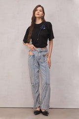 Emmalyn Ruched Flower T Shirt In Black