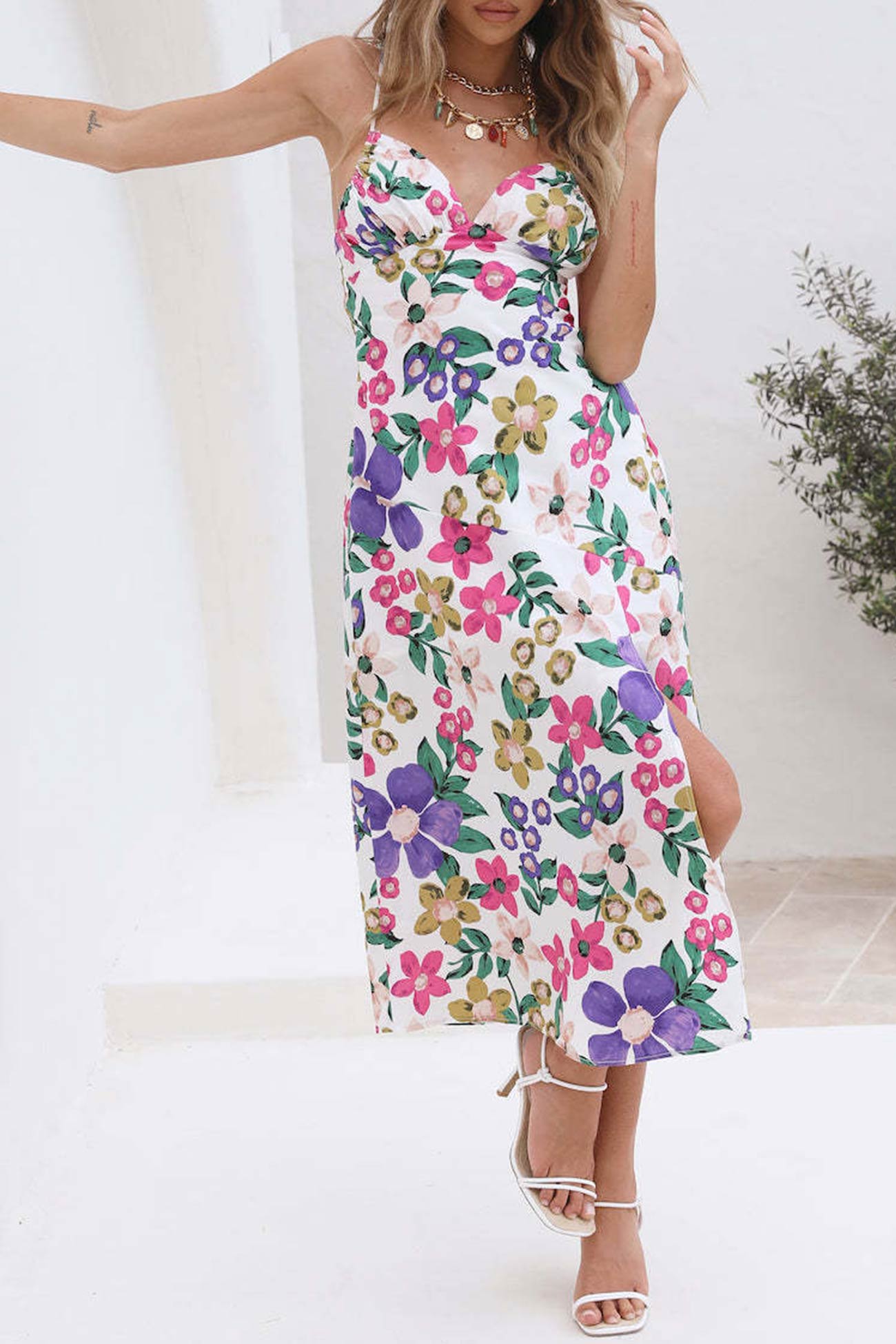 Floral Print Backless Side Slit Cami Dress