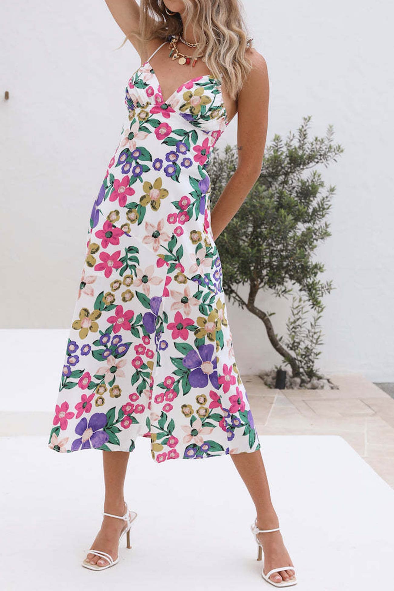 Floral Print Backless Side Slit Cami Dress