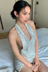 Full Sequins Halter V Neck Mini Dress