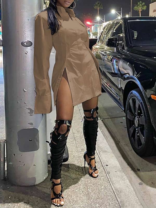 Indiebeautie Solid Slit Shirt Dress