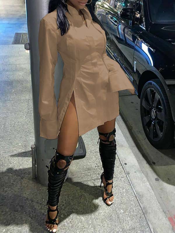 Indiebeautie Solid Slit Shirt Dress