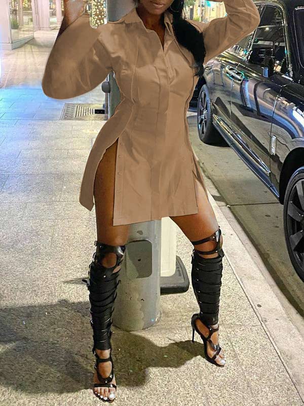 Indiebeautie Solid Slit Shirt Dress