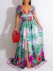 Indiebeautie Printed V-Neck Slit Dress