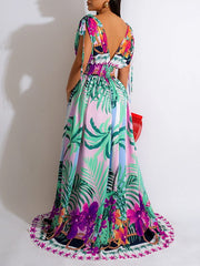 Indiebeautie Printed V-Neck Slit Dress