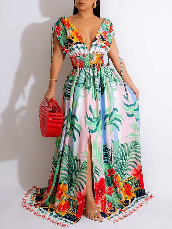 Indiebeautie Printed V-Neck Slit Dress