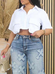 White Cropped Cargo Shirt--Clearance