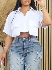 White Cropped Cargo Shirt--Clearance