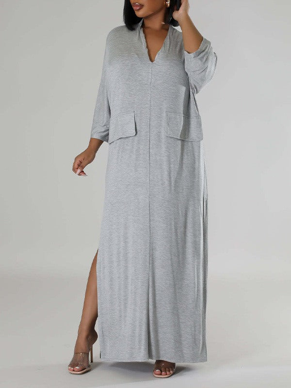 Indiebeautie Solid V-Neck Side-Slit Dress