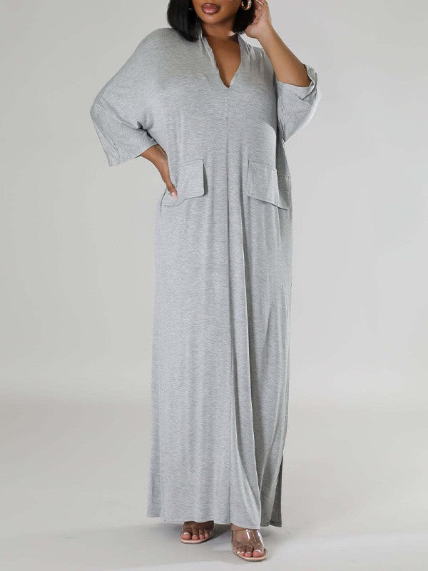 Indiebeautie Solid V-Neck Side-Slit Dress
