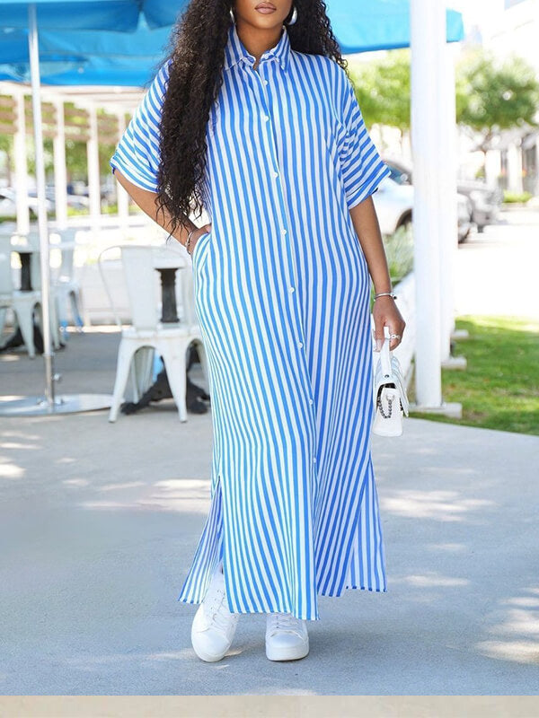 Indiebeautie Stripe Side-Slit Shirt Dress