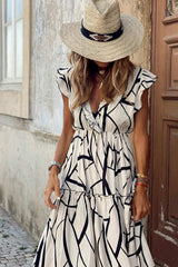 Geometric Print V Neck Ruffle Maxi Dress