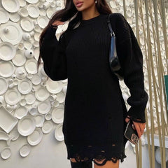 Women Sweater Oversize Knitted Black O Neck Long Sleeve Pullover