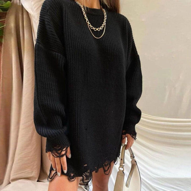 Women Sweater Oversize Knitted Black O Neck Long Sleeve Pullover