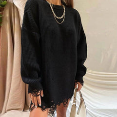 Women Sweater Oversize Knitted Black O Neck Long Sleeve Pullover