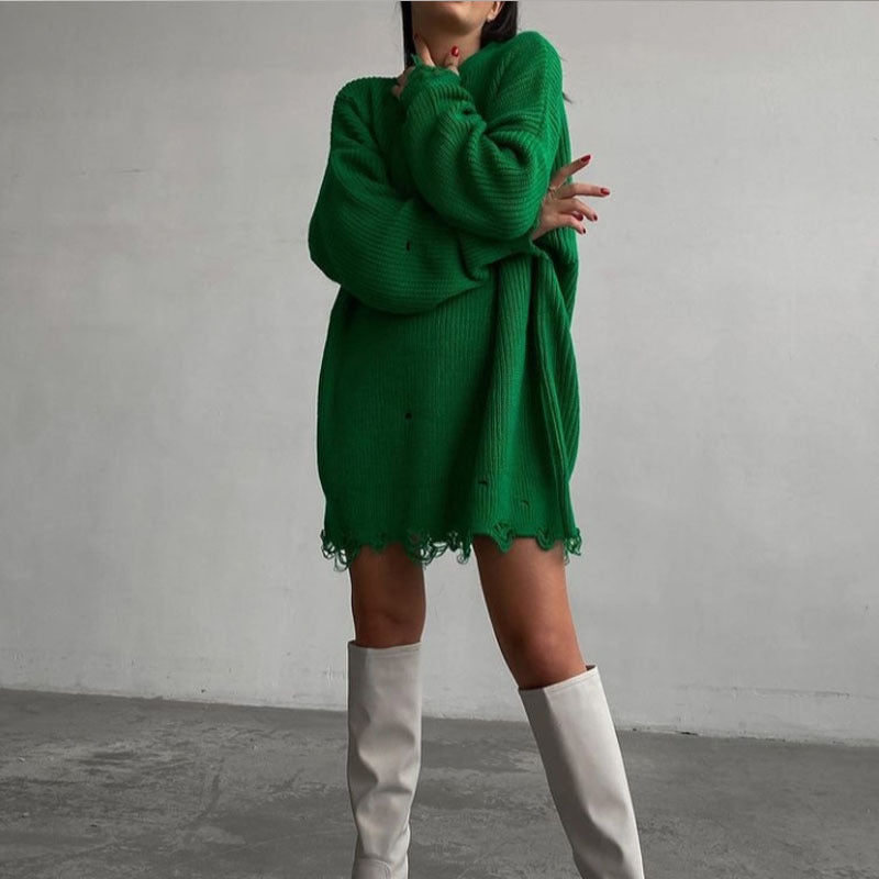 Women Sweater Oversize Knitted Black O Neck Long Sleeve Pullover
