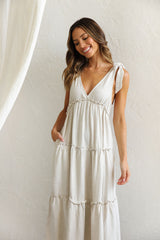 Beige Shoulder Tie Midi Dress
