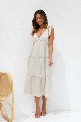 Beige Shoulder Tie Midi Dress